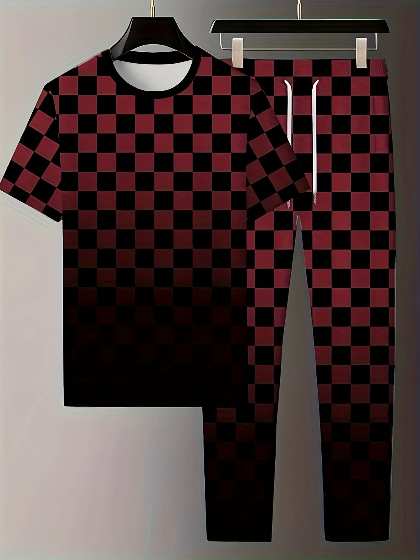 Men's Casual Check Print Short Sleeve T-Shirt and Pants Set