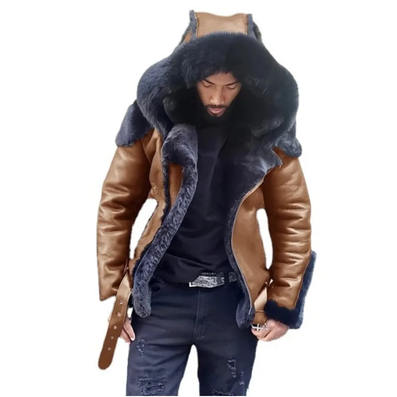 Men's Winter Warm PU Faux Fur Hooded Jacket Coat