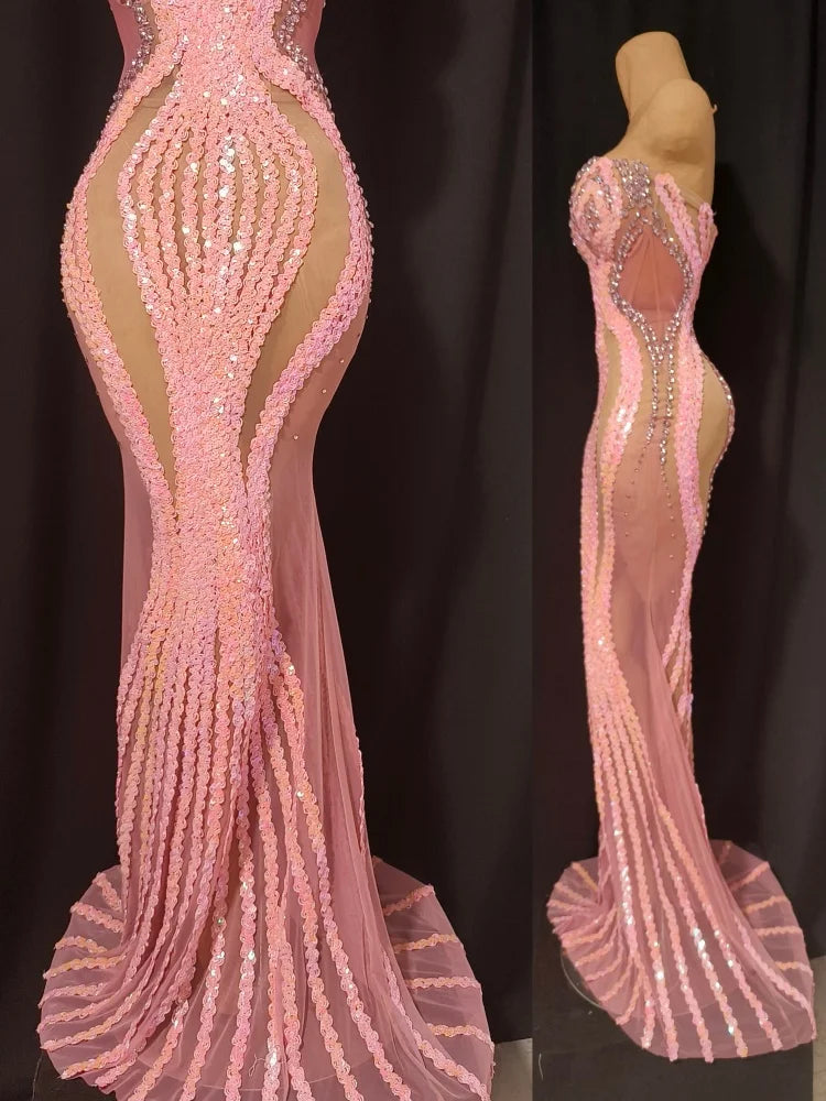 Women's Sexy Mesh Sequins Crystal Stage Performance Maxi Dress