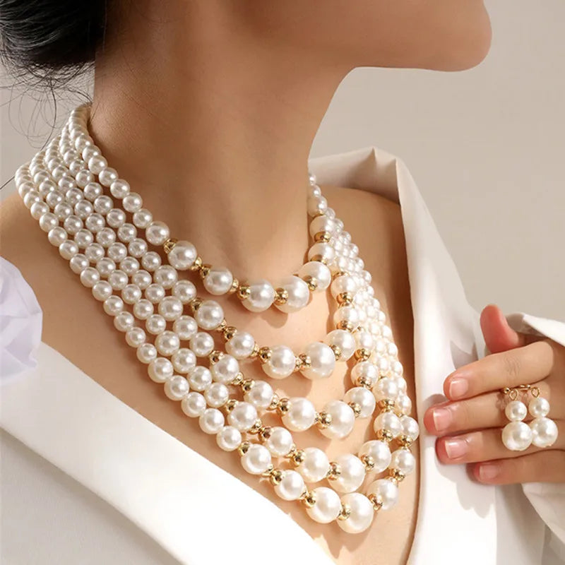 Simulated Pearl Multilayer Necklace and Earrings Jewelry Set