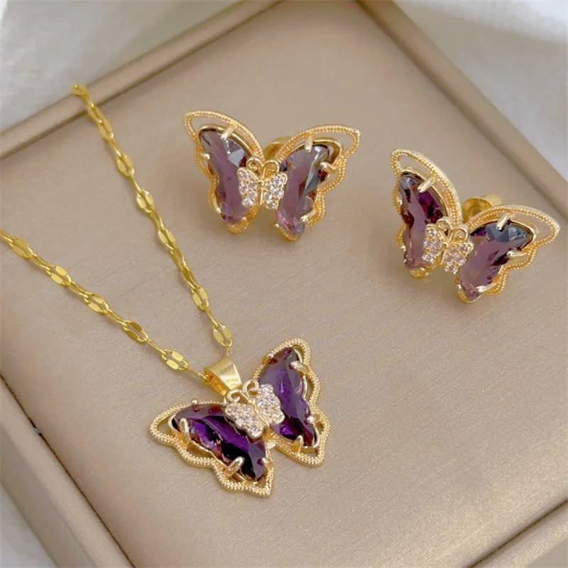 Women's Fashion Cute Micro-Inlaid Butterfly Necklace and Earrings Jewelry Set