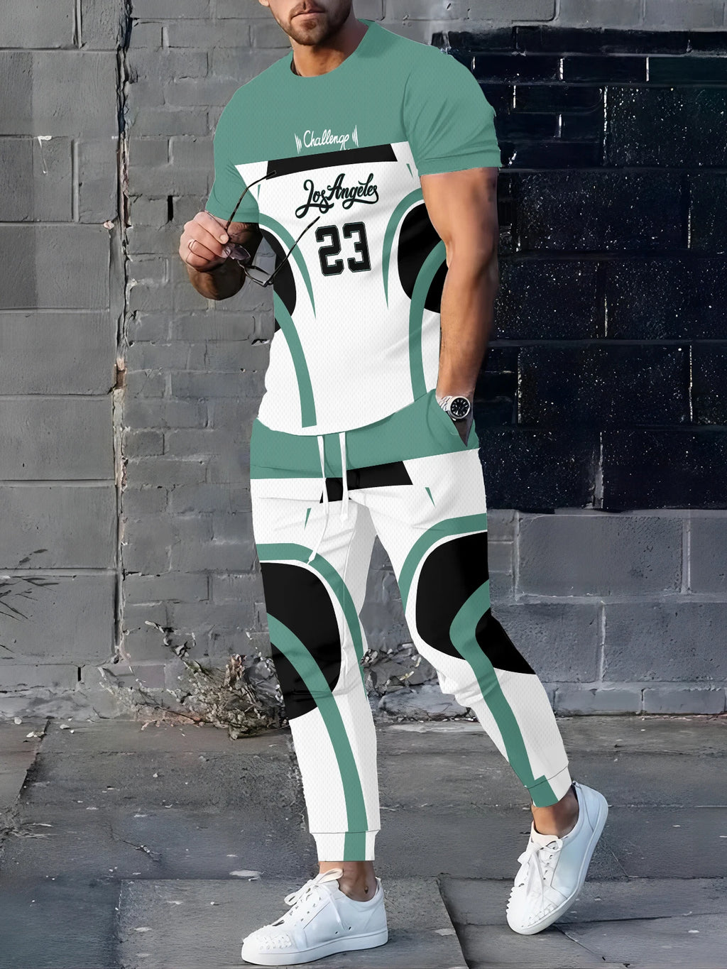 Men's Casual Digital Print T-Shirt and Pants Suit Set