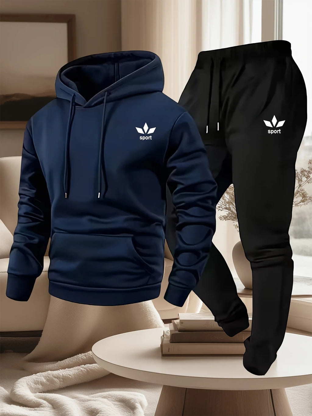 Men's Warm Fleece Lined Printed Hoodie and Jogger Pants Tracksuit Set