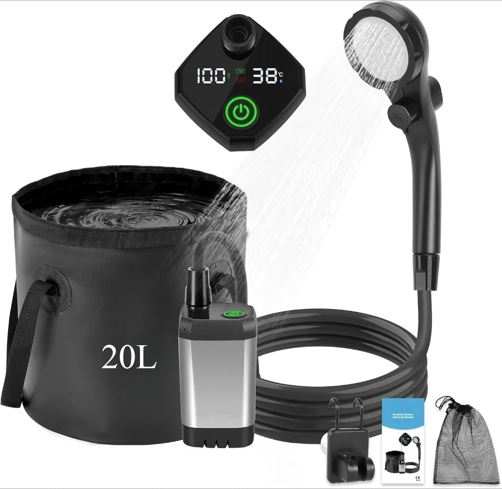 Portable Camping Shower with Rechargeable 6000mAh Pump and 5.3 Gallon Bag