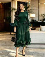 Women's Pleated Ruffle Edge Round Neck Long Dress