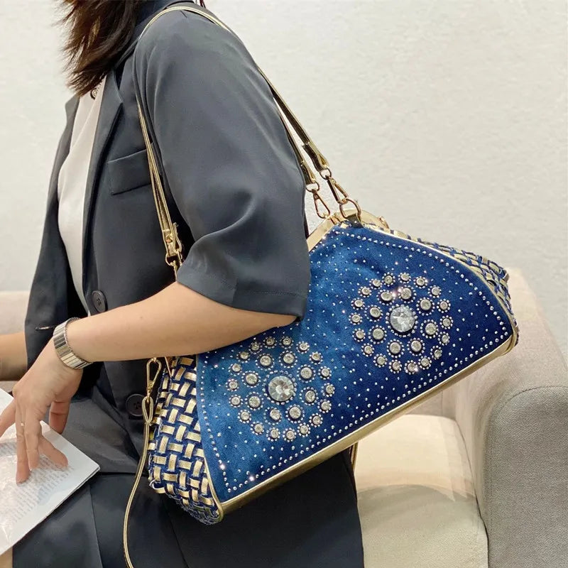 Denim Rhinestone Clutch Bag with Butterfly Decoration for Women