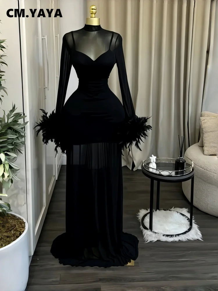 Women's Feather Ruched Long Sleeve Mermaid Maxi Dress