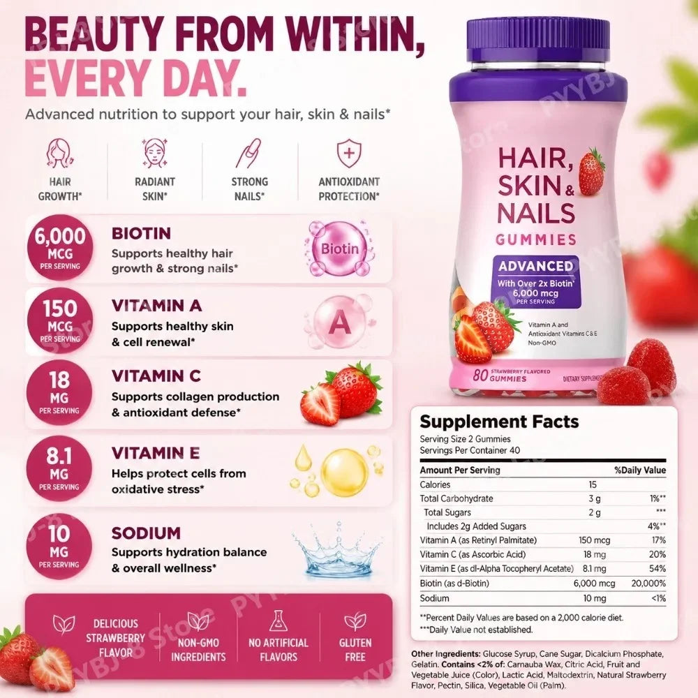 Biotin 6000mcg Strawberry Hair Skin and Nails Gummies 80 Count