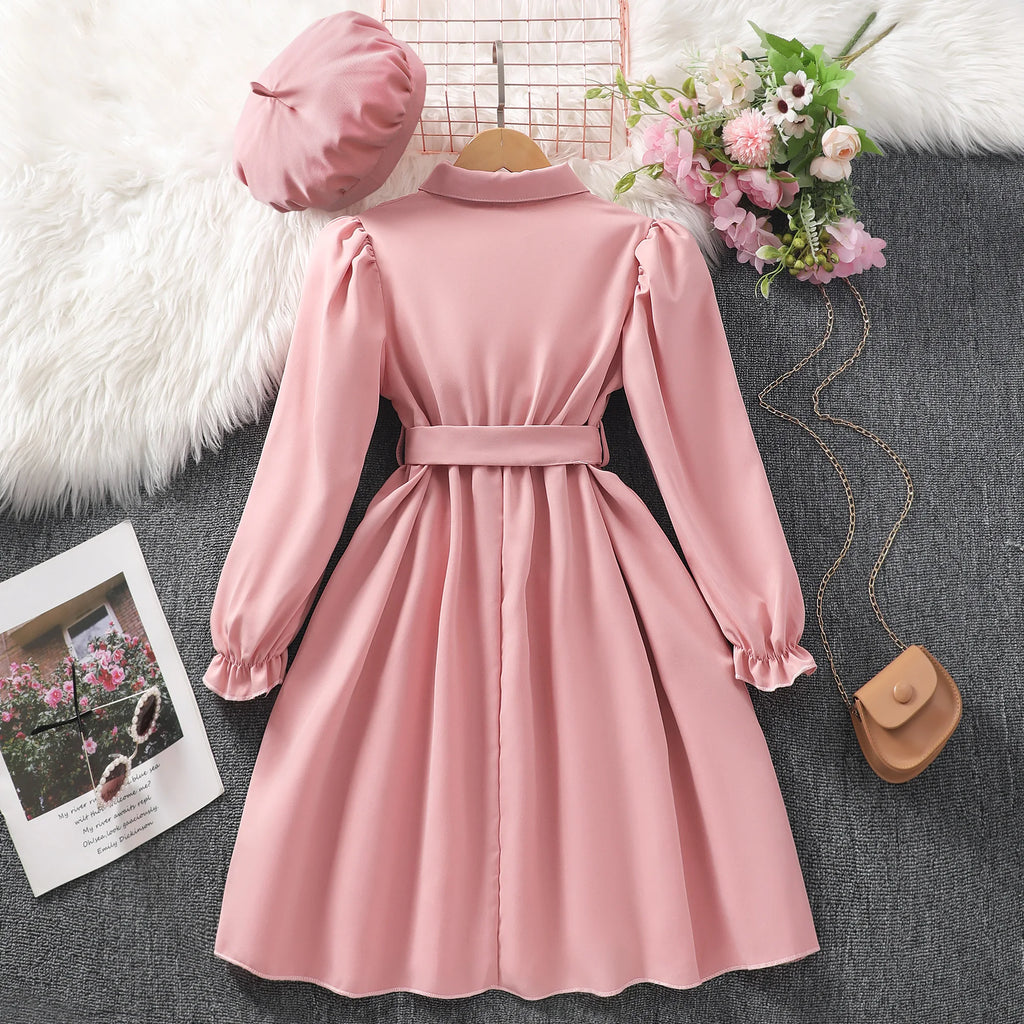 Girls' Solid Lapel Button Belted Dress QZ24187A