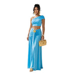 Women's Casual One Shoulder Crop Top and Long Skirt Two Piece Matching Set