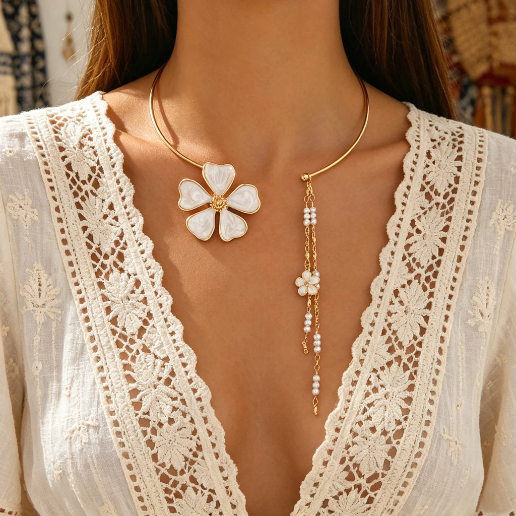 Women's Fashion Bohemian Enamel Flower Pearl Tassel Open Choker Necklace