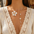 Women's Fashion Bohemian Enamel Flower Pearl Tassel Open Choker Necklace
