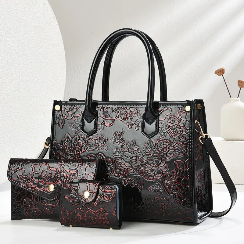 Women's Embossed Shoulder Bag and Crossbody Purse 3-Piece Set