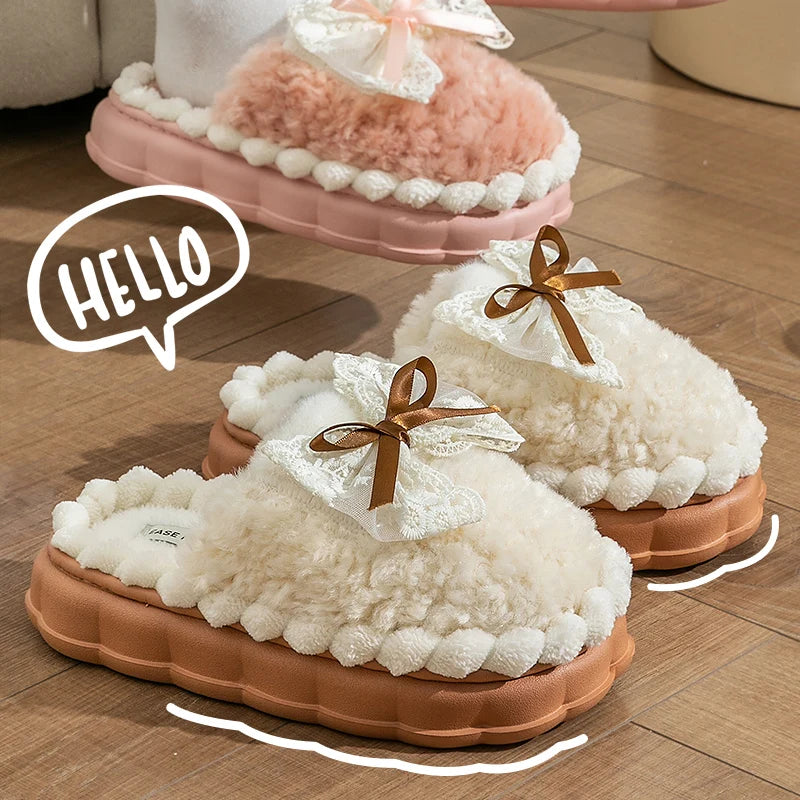 Women's Faux Fur Bowknot House Slippers Plush Warm Indoor Shoes