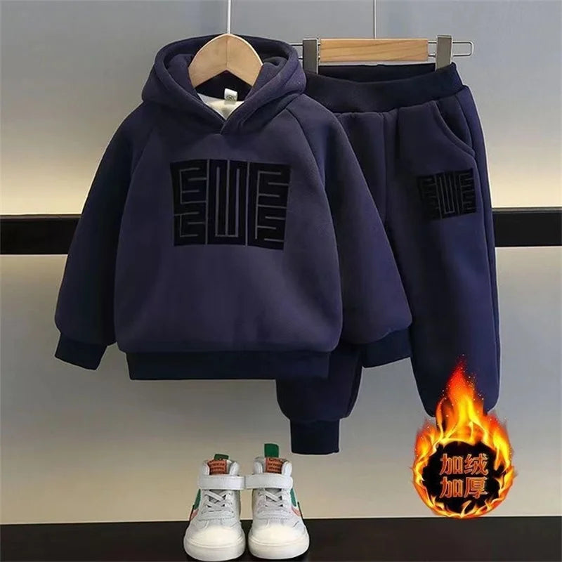 Kids' Warm Fleece Hooded Sweatshirt Pants Two-Piece Set