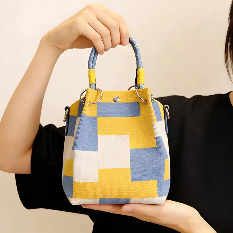 Women's Mini Knitted Geometric Colorblock Bucket Handbag