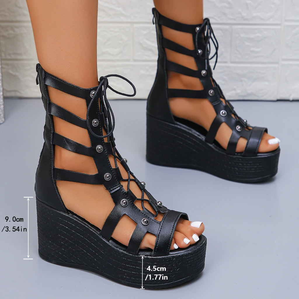 Women's Open-Toe Wedge Ankle Boots Summer Casual Elegant Black