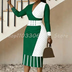 Women's Polka Dot Color Block V-Neck Midi Dress