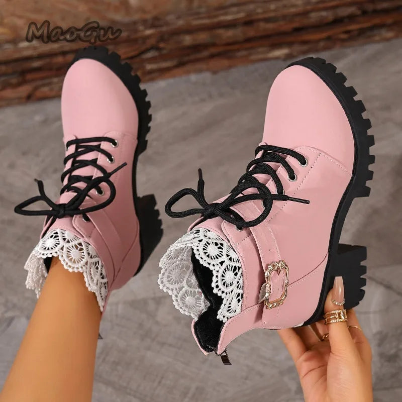 Women's Chunky Platform Lace-Up High Heel Ankle Boots