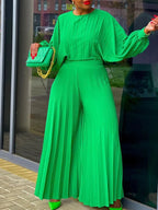 Women's Pleated Batwing Sleeve Wide Leg Pants Set