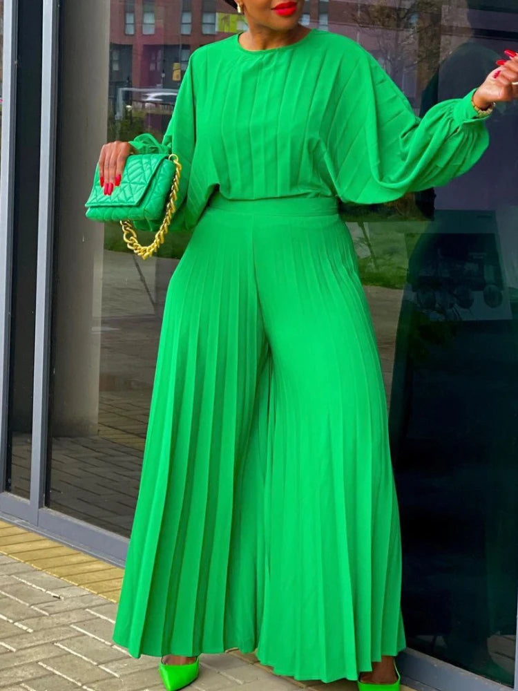 Women's Pleated Batwing Sleeve Wide Leg Pants Set