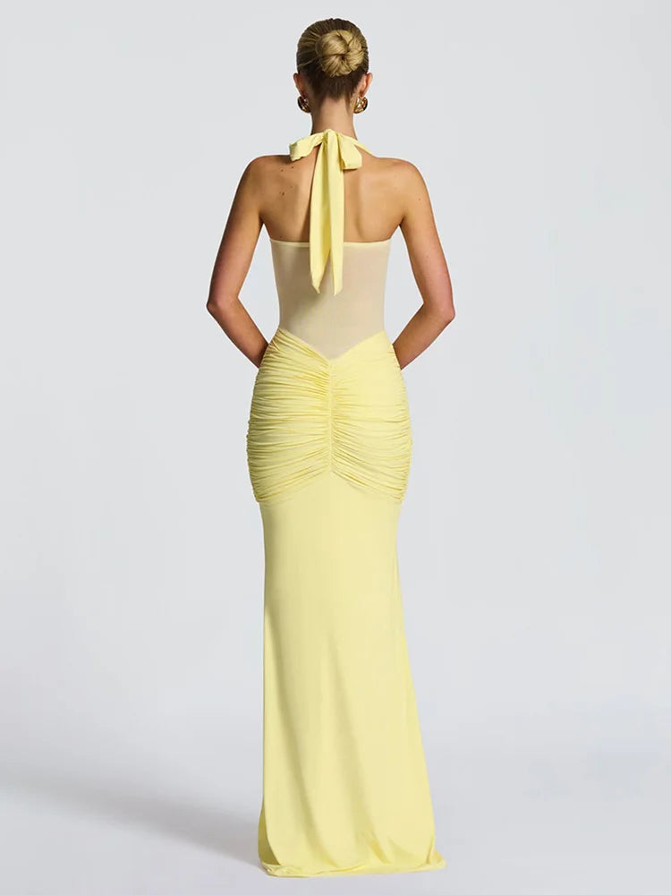 Women's Sexy Mesh Patchwork Halter Ruched Maxi Dress