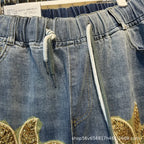 Women's 3D Floral Beaded Elastic Waist Wide Leg Jeans