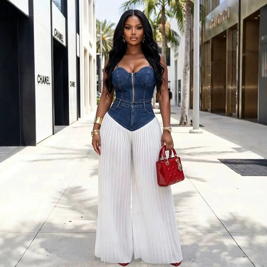 Women's Patchwork Denim Wide Leg Pants Two-Piece Set