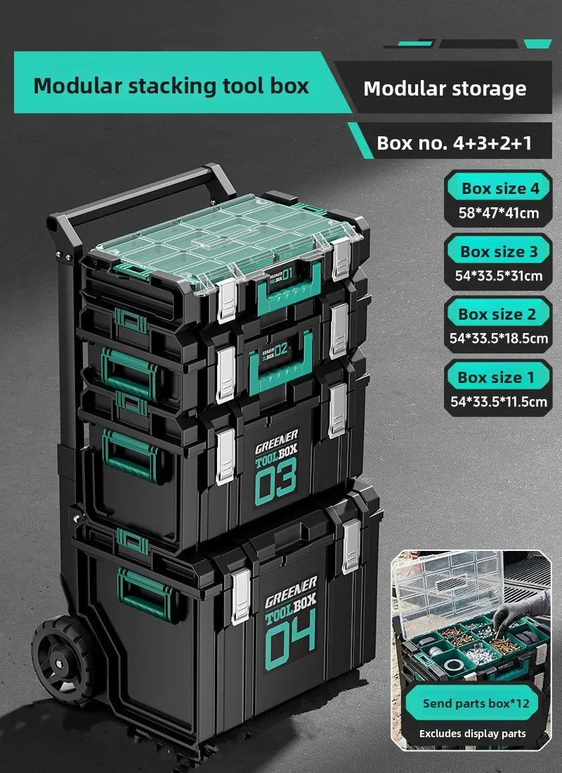 Rolling Toolbox with Pull Rod and Stacking Storage Box