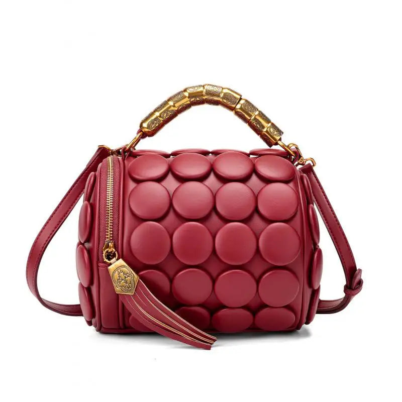 Women's Retro Button Leather Tube Bucket Shoulder Crossbody Bag