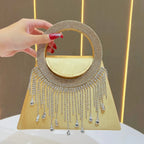 Women's Rhinestone Ring Tassel Trapezoid Evening Clutch Bag