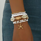 Women's Fashion Bohemian Shell Starfish Stacked Pearl Bead Bracelet Set