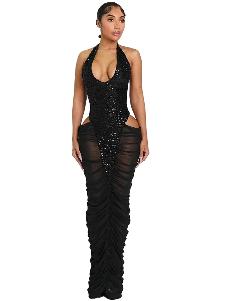 Women's Sexy Sequin Mesh Ruched Maxi Dress