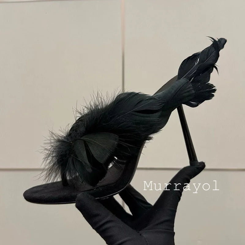 Women's Feather Embellished Split Toe Thin High Heel Sandals