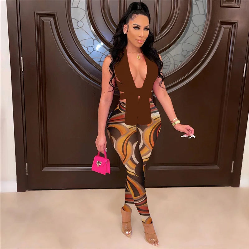 Women's Casual Knitted Bandage Top and Printed Leggings Two Piece Matching Set
