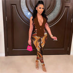 Women's Casual Knitted Bandage Top and Printed Leggings Two Piece Matching Set