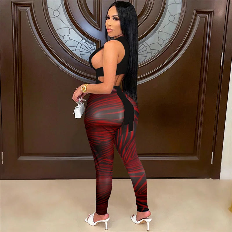 Women's Casual Knitted Bandage Top and Printed Leggings Two Piece Matching Set