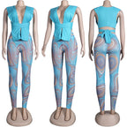 Women's Casual Knitted Bandage Top and Printed Leggings Two Piece Matching Set