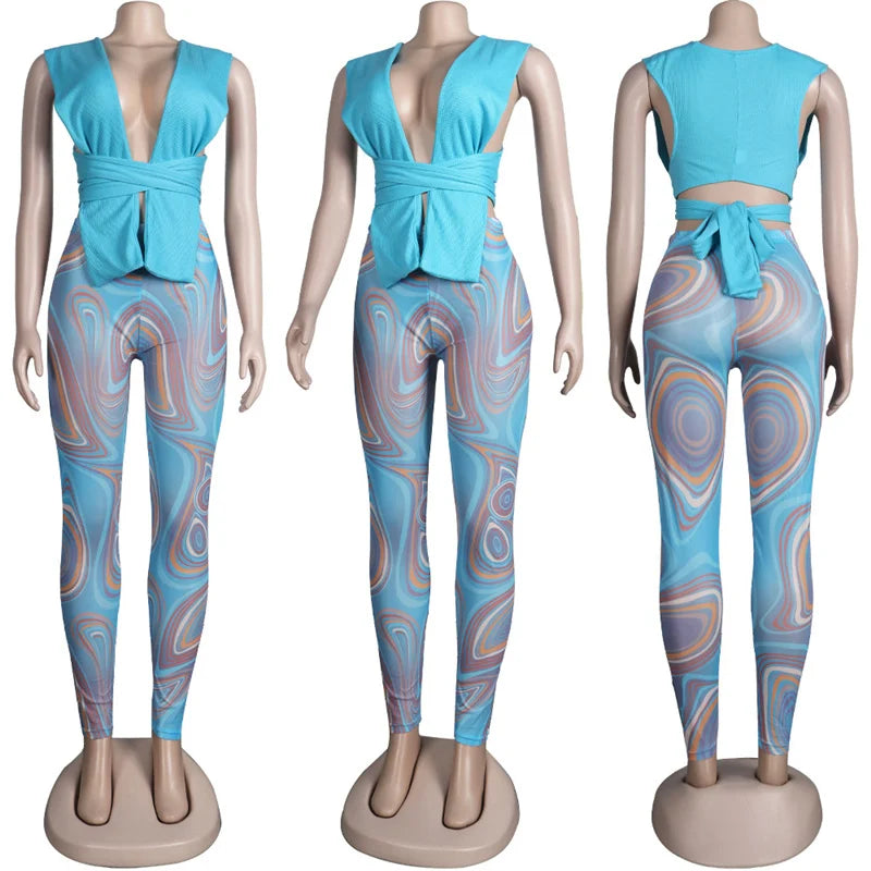 Women's Casual Knitted Bandage Top and Printed Leggings Two Piece Matching Set