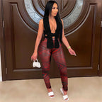 Women's Casual Knitted Bandage Top and Printed Leggings Two Piece Matching Set