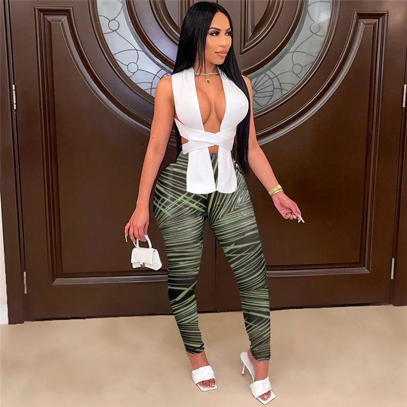 Women's Casual Knitted Bandage Top and Printed Leggings Two Piece Matching Set