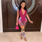 Women's Casual Knitted Bandage Top and Printed Leggings Two Piece Matching Set