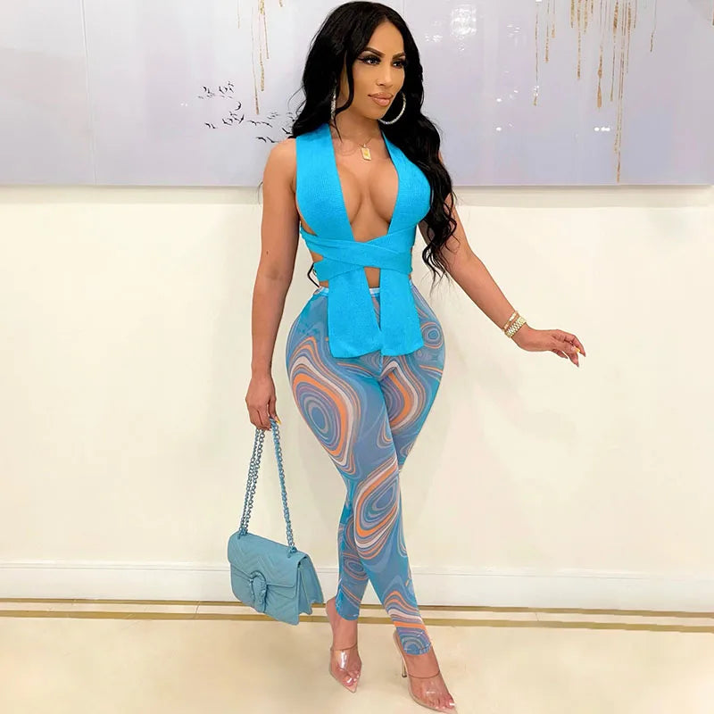 Women's Casual Knitted Bandage Top and Printed Leggings Two Piece Matching Set