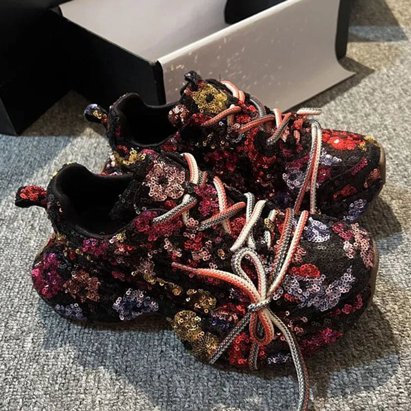 Women's Glitter Platform Sneakers Lace-Up Casual Fashion Shoes
