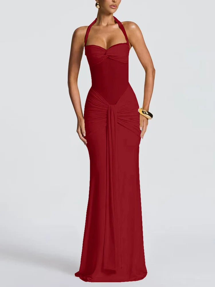 Women's Sexy Mesh Patchwork Halter Ruched Maxi Dress