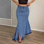 Women's Slim Fit High Waist Fishtail Denim Skirt Blue