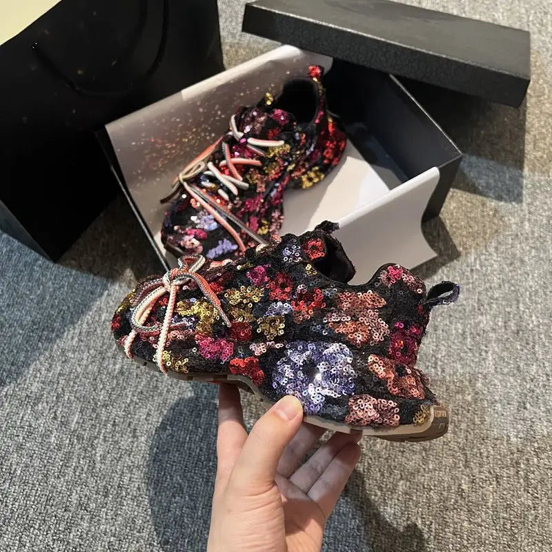 Women's Glitter Platform Sneakers Lace-Up Casual Fashion Shoes