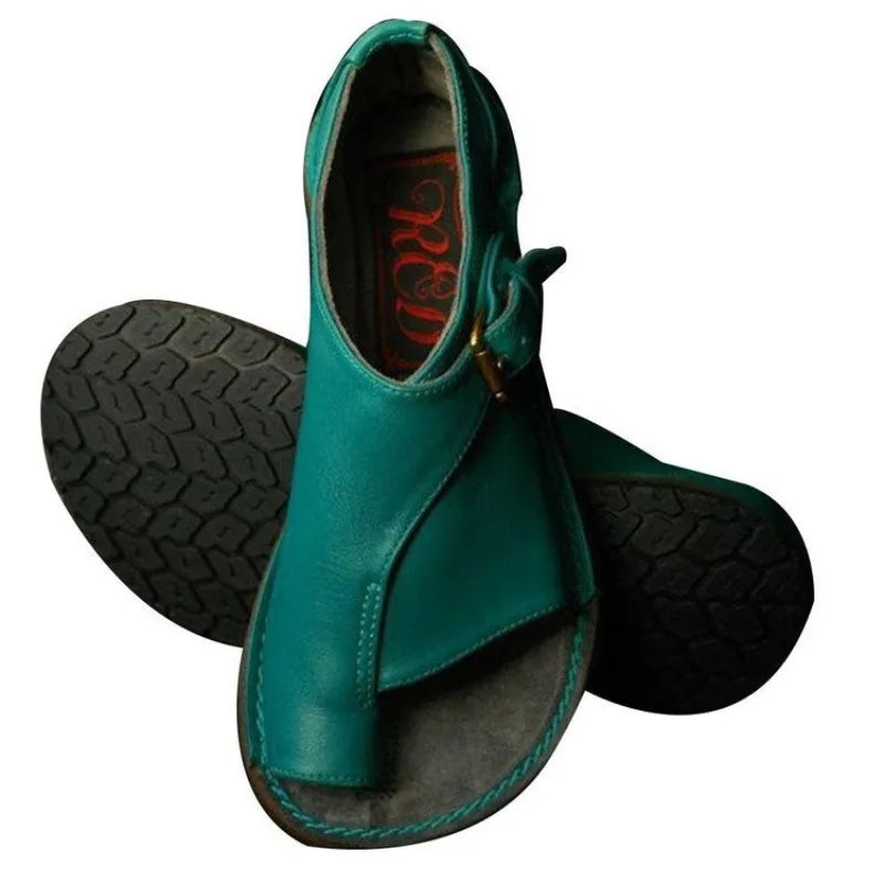 Women's Retro PU Leather Peep Toe Flat Sandals