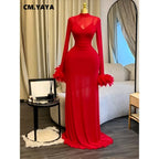 Women's Feather Ruched Long Sleeve Mermaid Maxi Dress