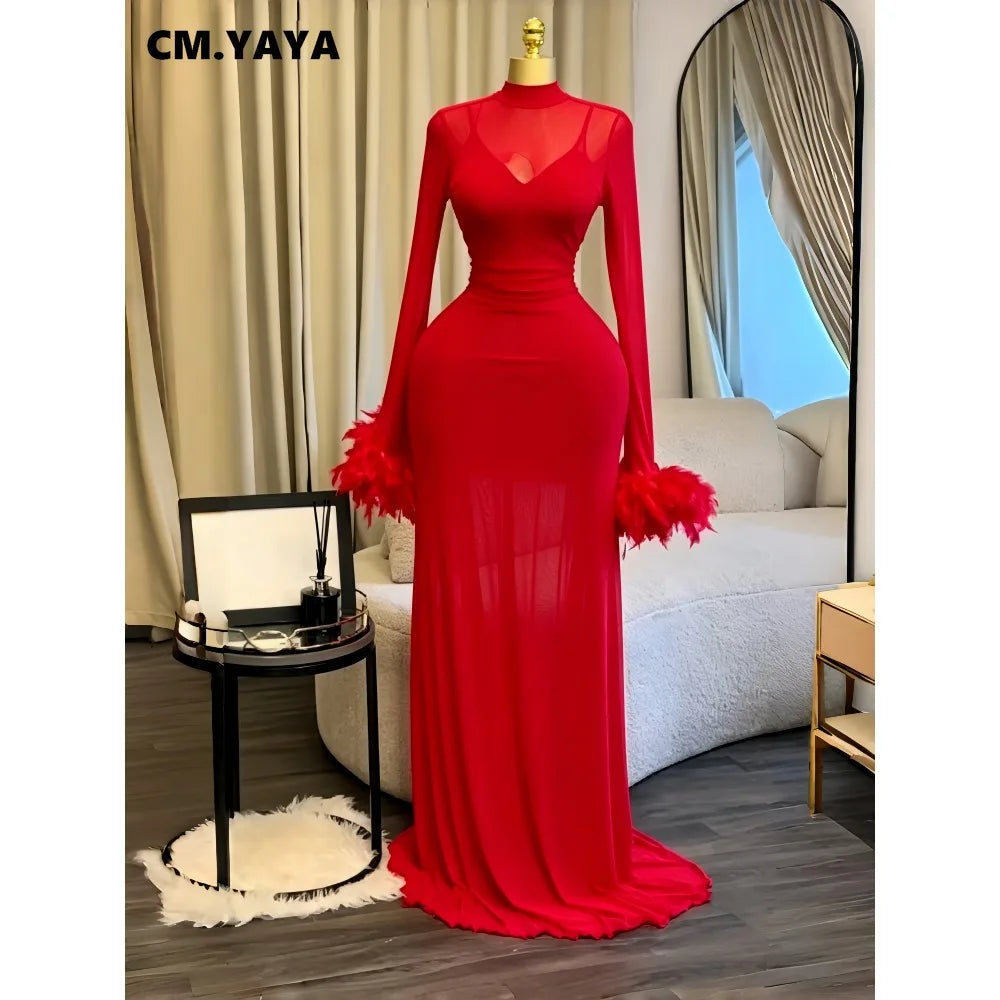Women's Feather Ruched Long Sleeve Mermaid Maxi Dress